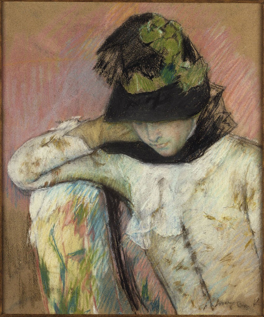 Mary Cassatt, “Young woman in a Black and Green Bonnet, Looking Down,” 1890, Pastel on tan wove paper
