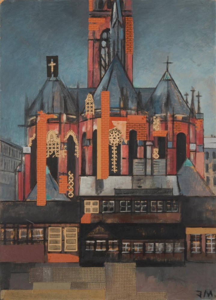 Jeanne Mammen, “Church on Winterfeldtplatz,” 1935-1940, Painting (oil, embroidery canvas, paper and cakelace)¹